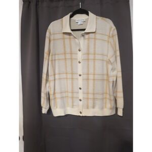 Cathy Daniels Cream‎ Gold Plaid Sparkle Cardigan, Women's Large Sweater Top